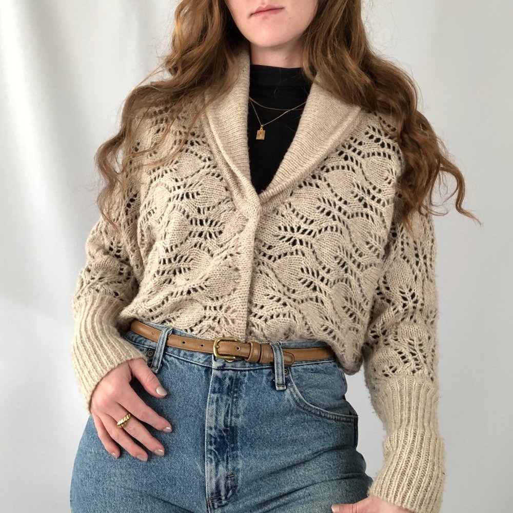 Free People Oversized Wool Open Crochet Cable Knit Cropped Cardigan Sweater Boho - Picture 6 of 9